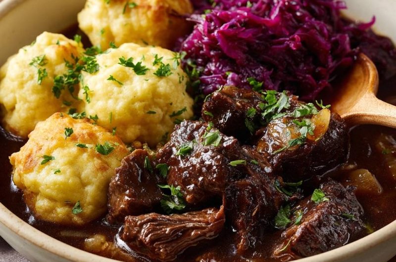 Rindergulasch mit Rotkohl und Semmelknödeln