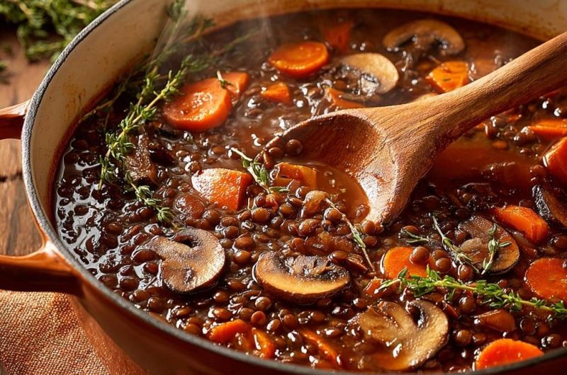 Rustikaler Linseneintopf mit Pilzen und Karotten (Nie wieder matschige Linsen!)