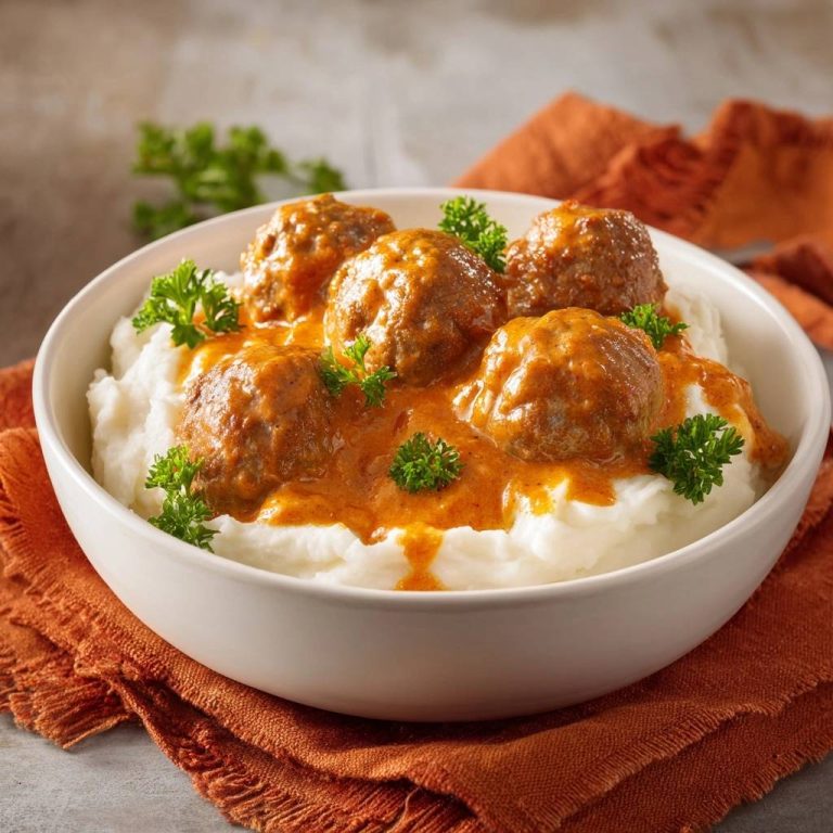 Saftige Hackbällchen in Tomatensauce auf cremigem Püree