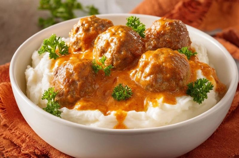 Saftige Hackbällchen in Tomatensauce auf cremigem Püree