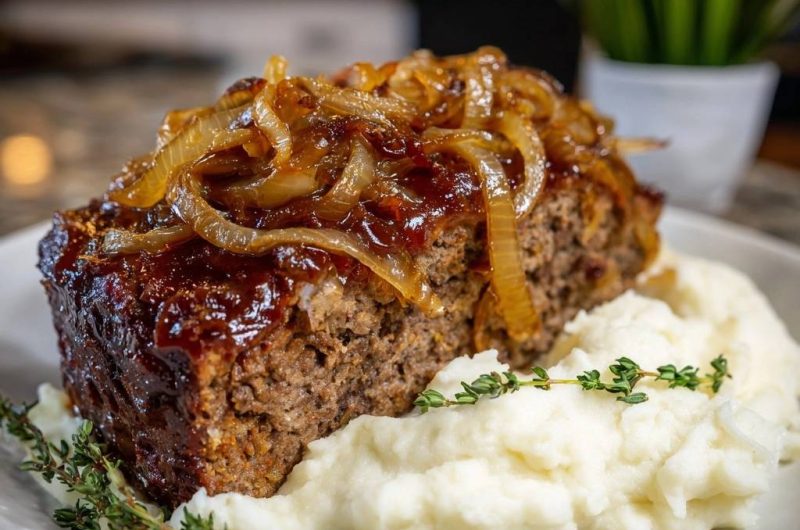 Saftiger Hackbraten mit karamellisierten Zwiebeln und cremigem Kartoffelpüree