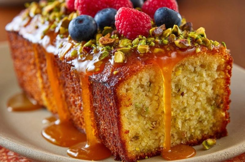Saftiger Pistaziencake mit Karamell-Honig-Topping und Beeren