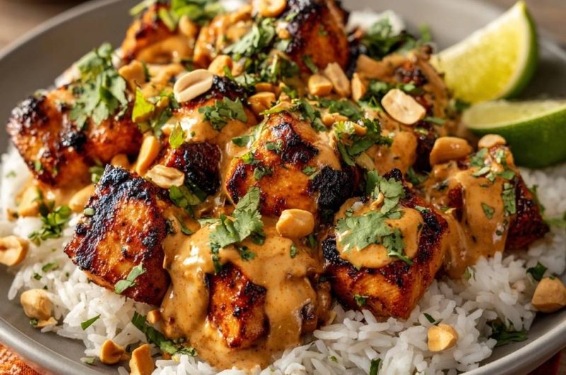 Saftiges Erdnuss-Hähnchen auf Reis