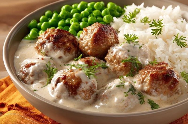 Schwedische Hackbällchen in cremiger Dillsoße mit Erbsen und Reis