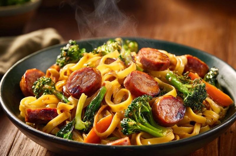 Wok-Nudeln mit Brokkoli, Karotten & Würstchen