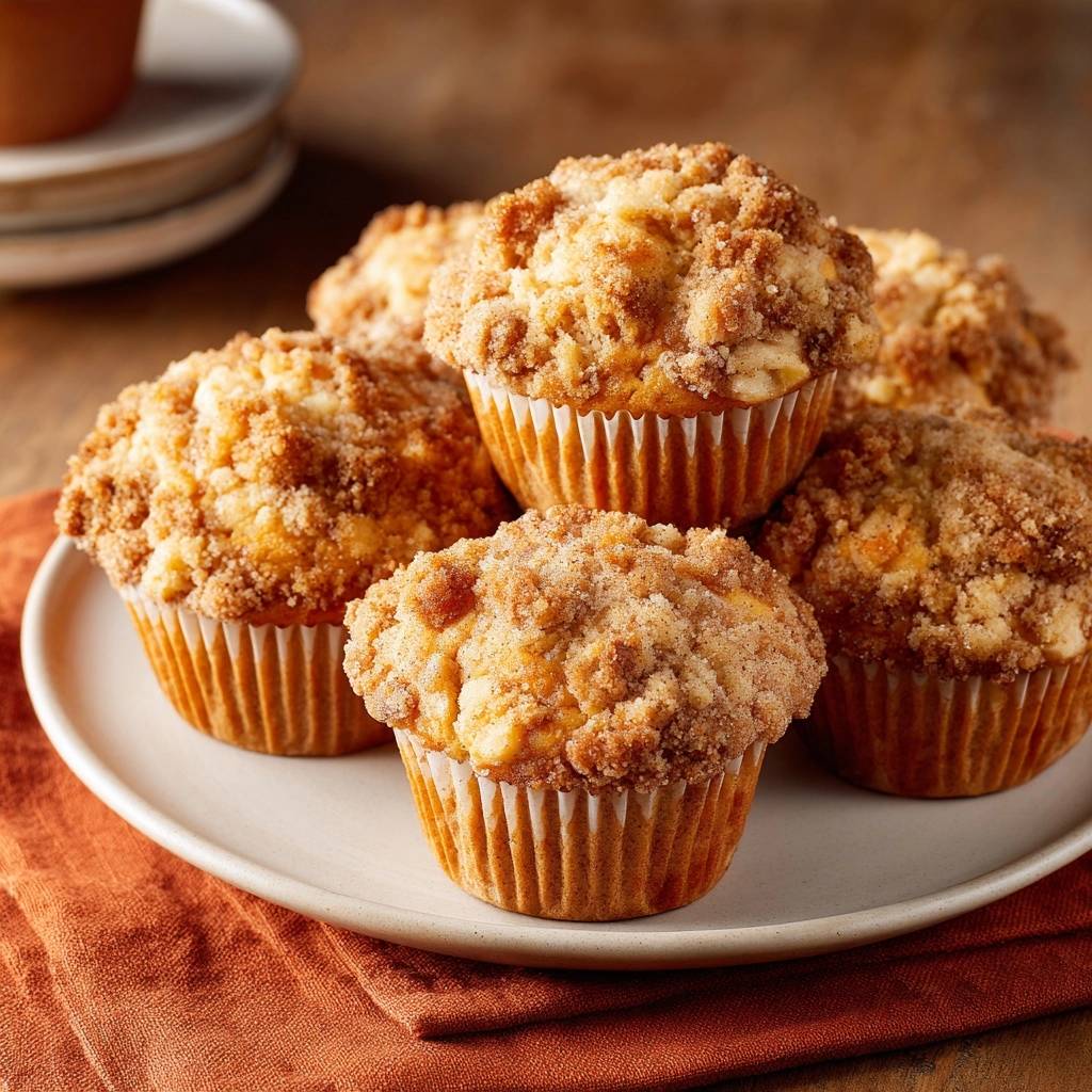 Apfel-Zimt-Streuselmuffins in Nahaufnahme, auf einem Teller serviert, mit knusprigen Streuseln und goldbrauner Kruste.