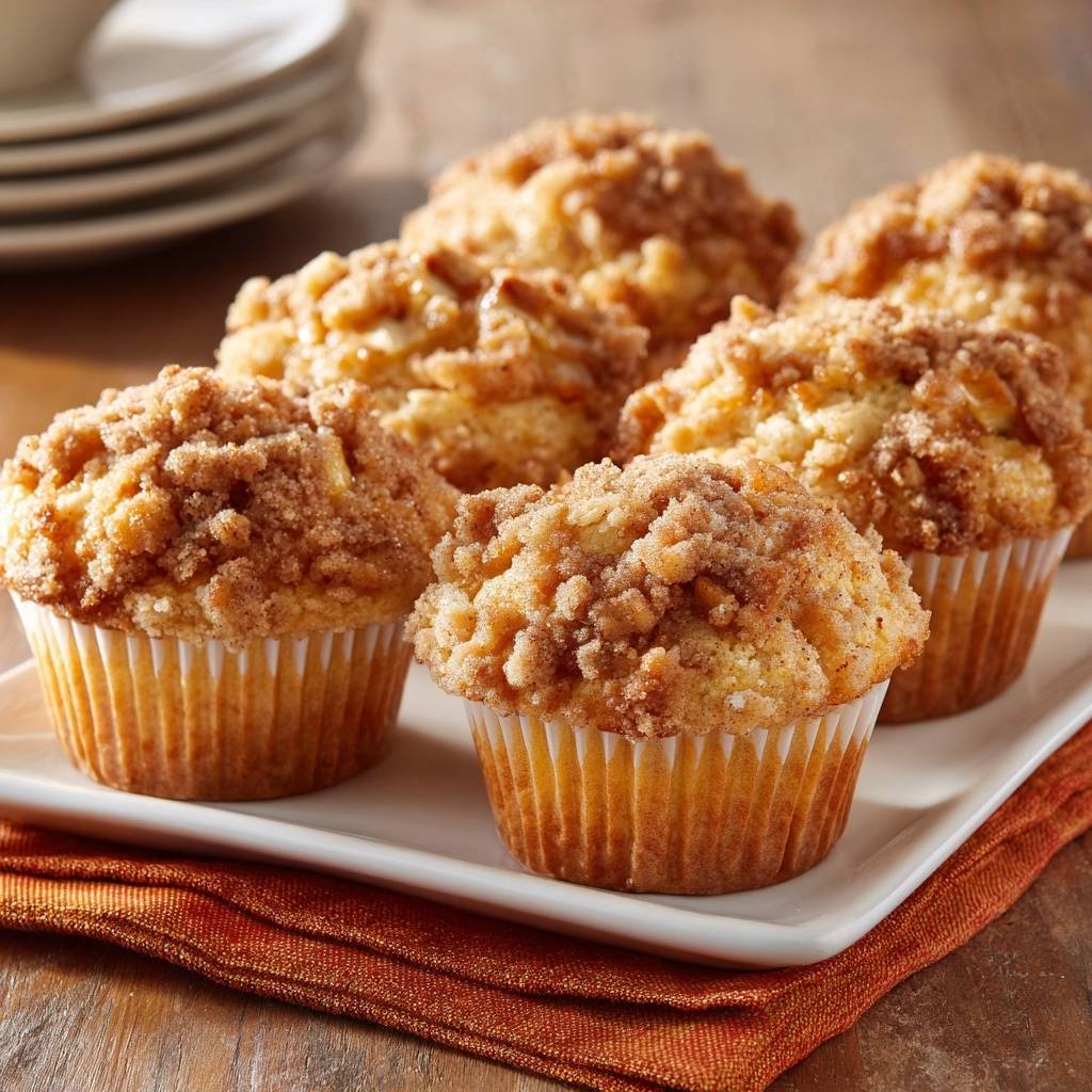 Apfel-Zimt-Streuselmuffins in Nahaufnahme, präsentiert auf einem weißen Tablett, mit ihren knusprigen Streuseln, die zum Anbeißen aussehen.