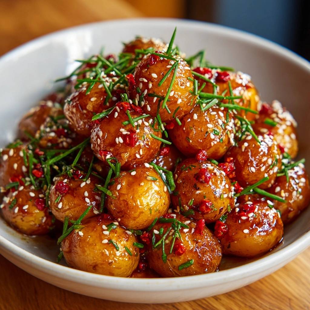 Asiatische glasierte Babykartoffeln serviert in einer Schüssel, garniert mit Chilisamen und Sesam.