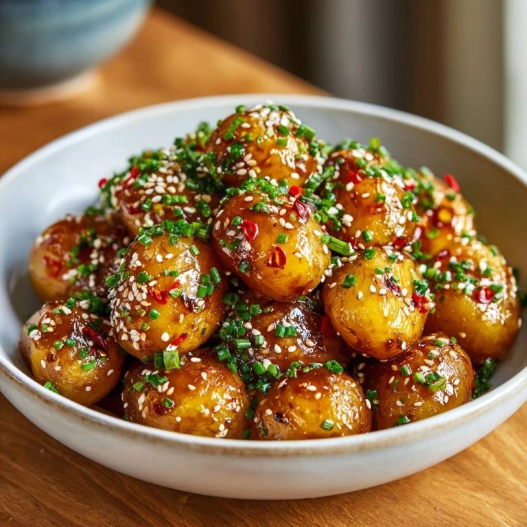 Asiatische glasierte Babykartoffeln in einer Schüssel serviert, garniert mit frischem Schnittlauch, Chili und Sesam. Die glänzende Glasur bedeckt die kleinen Kartoffeln.