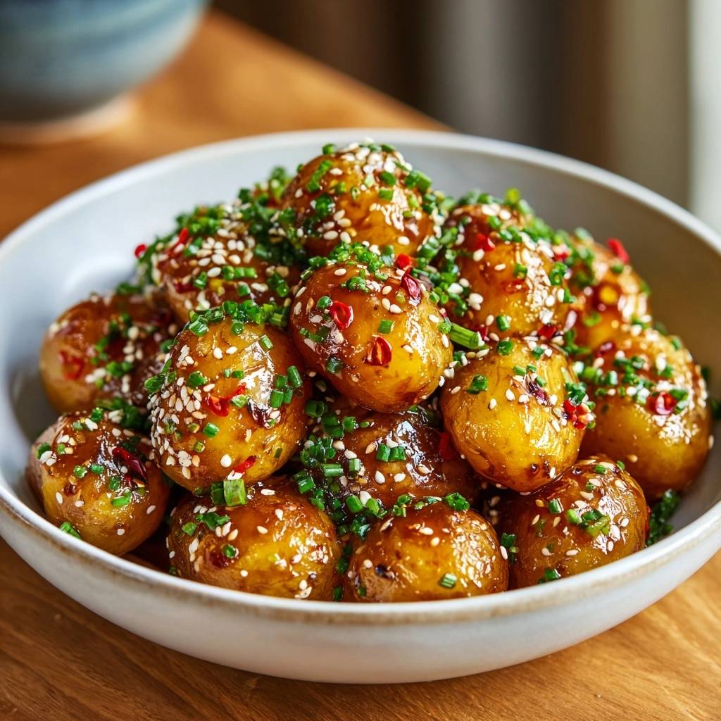 Asiatische glasierte Babykartoffeln in einer Schüssel serviert, garniert mit frischem Schnittlauch, Chili und Sesam. Die glänzende Glasur bedeckt die kleinen Kartoffeln.