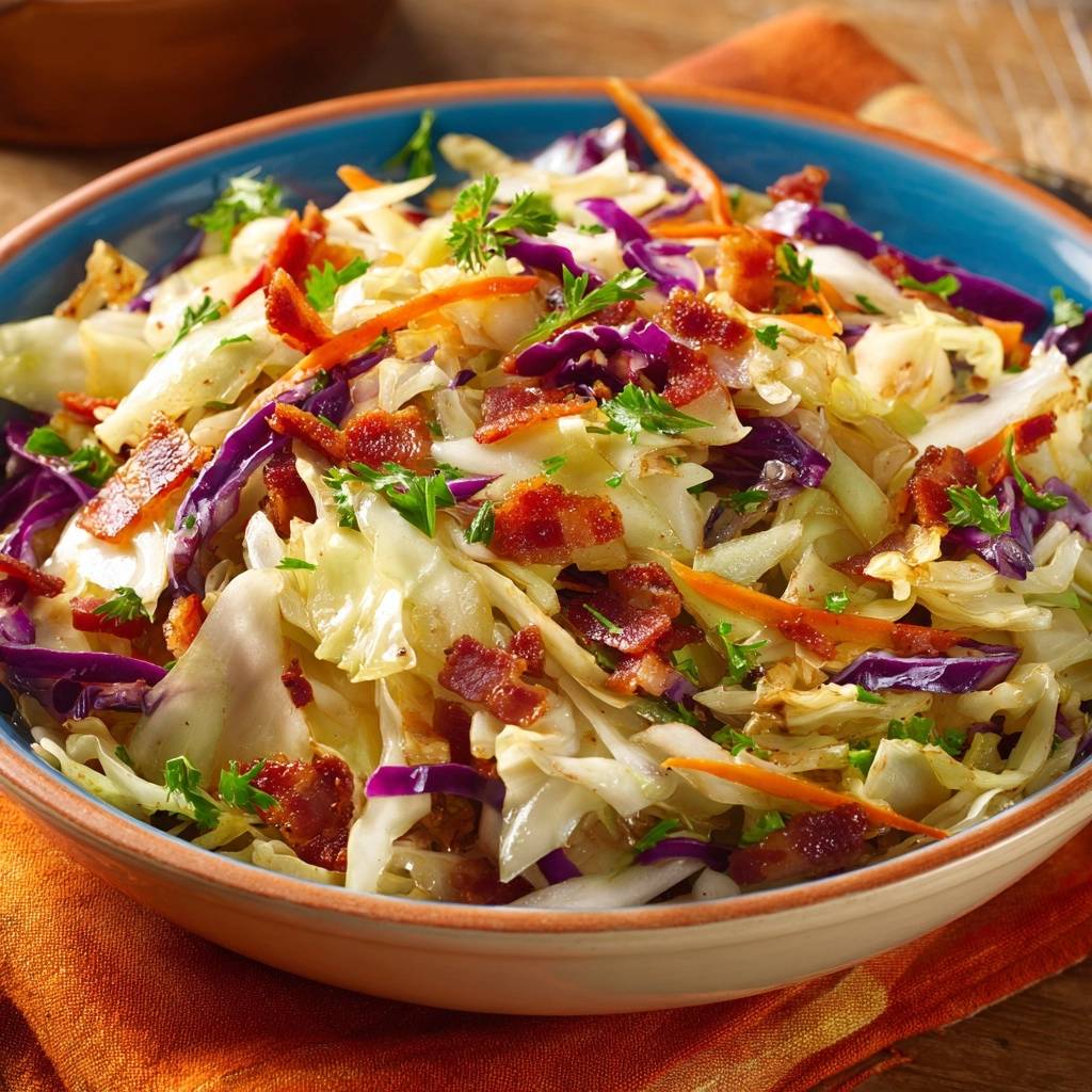 Bacon Krautsalat Draufsicht Serviert 1 Knuspriger Bacon-Krautsalat in einer blauen Schüssel serviert, mit knusprigem Speck und frischer Petersilie garniert. Ein einfaches, köstliches Gericht.