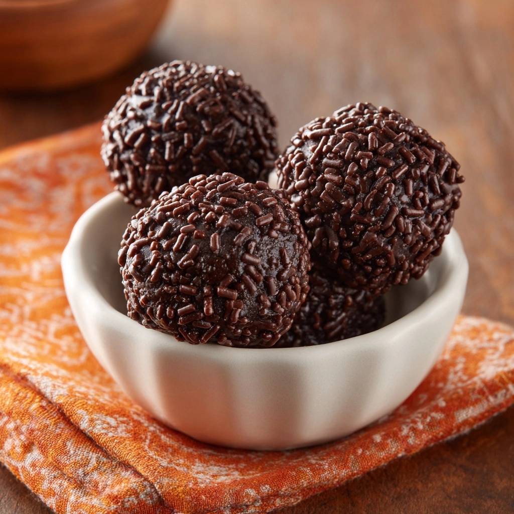 Brasilianische Schoko Brigadeiros Nahaufnahme 1 Brasilianische Schoko-Brigadeiros in einer weißen Schale, mit einer Nahaufnahme der schokoladenüberzogenen Kugeln und ihrer Textur.