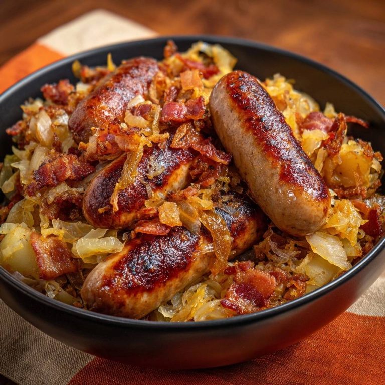 Bratwürste mit Sauerkraut, Speck und Kartoffeln in einer Nahaufnahme, die die knusprige Textur der Würste und des Specks zeigt.