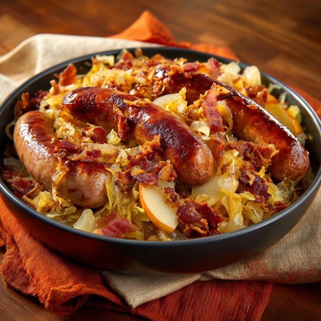 Bratwurst Mit Sauerkraut Speck Und Kartoffeln Draufsicht 1 Bratwürste mit Sauerkraut, Speck und Kartoffeln in einer Schüssel serviert, aus der Vogelperspektive gesehen. Das Gericht ist herzhaft und perfekt zubereitet.