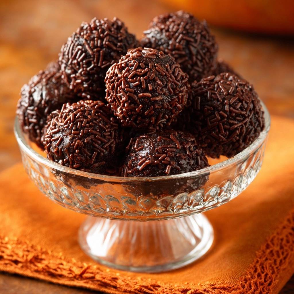 Brigadeiros Brasilianische Schoko Baellchen Serviert 1 Brigadeiros – brasilianische Schoko-Bällchen sind hier in einer eleganten Glasschale serviert, bereit zum Genießen. Diese süßen Köstlichkeiten sind mit Schokostreuseln bedeckt.