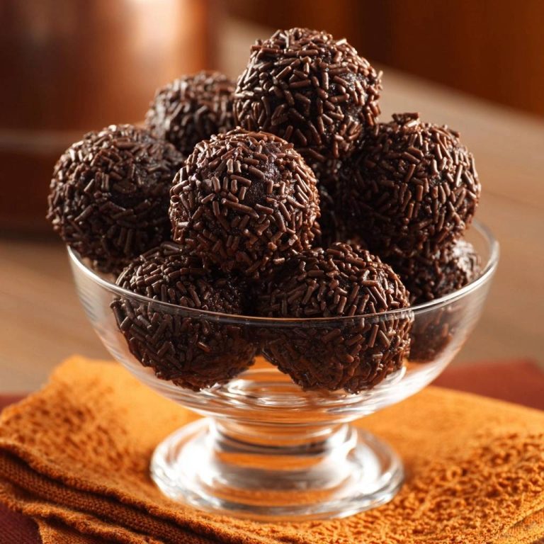 Brigadeiros, brasilianische Schoko-Bällchen, serviert in einer eleganten Glasschale, präsentieren ihre schokoladige Pracht. Die Trüffel sind mit Schokostreuseln verziert.