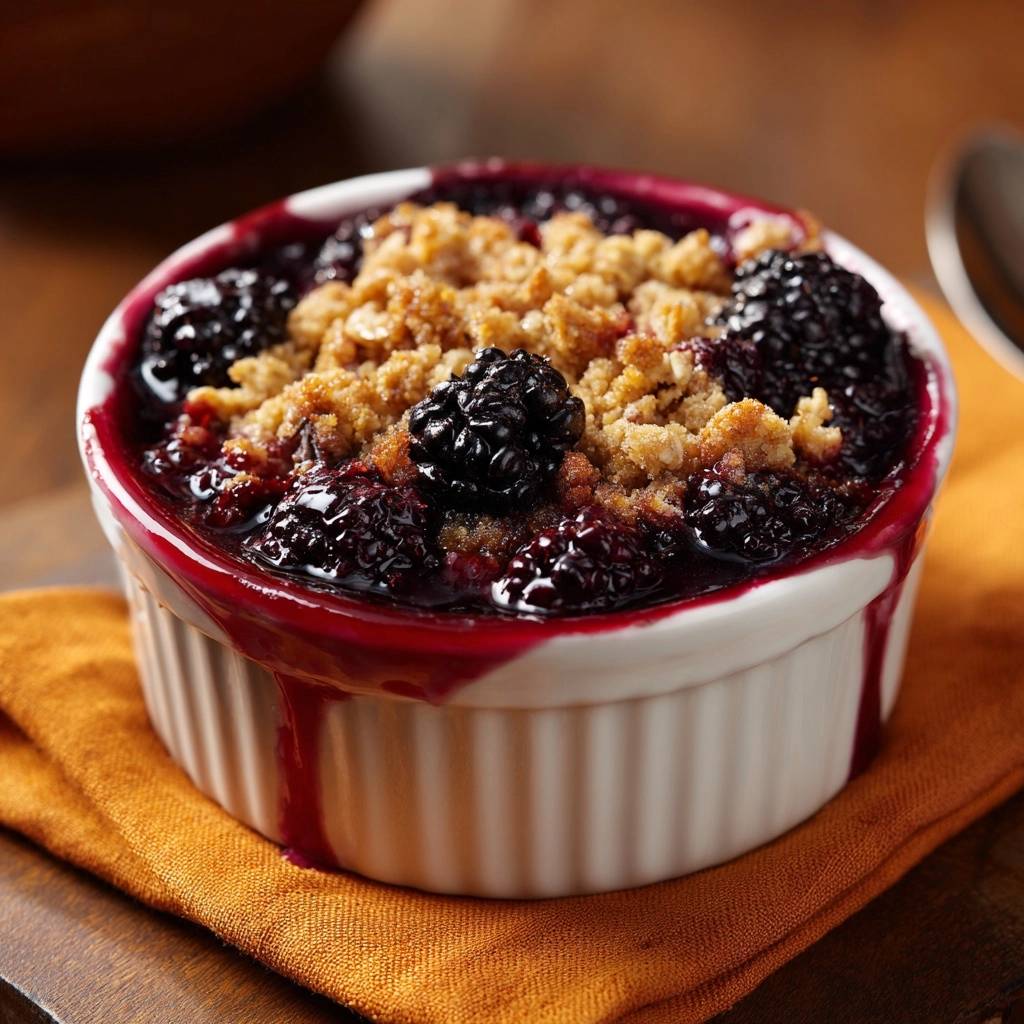 Brombeer Crumble Nahaufnahme 1 Brombeer-Crumble in einer weißen Auflaufform, mit einer Nahaufnahme der fruchtigen Brombeeren und knusprigen Streusel. Saftiger Brombeer-Crumble mit perfekt gebackenen Streuseln.