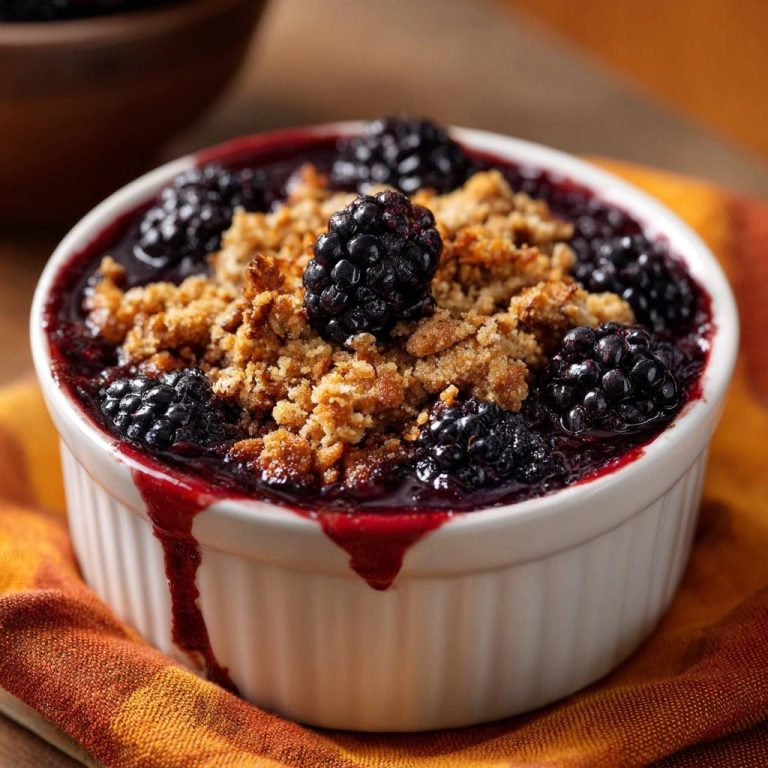 Brombeer-Crumble in Nahaufnahme serviert, mit saftigen Brombeeren und knusprigen Streuseln in einer kleinen Auflaufform angerichtet.
