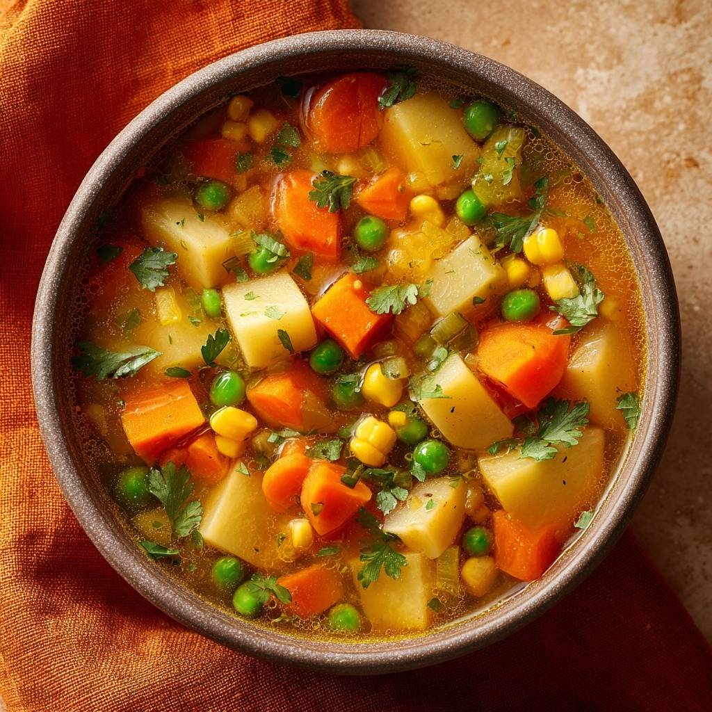 Bunte Gemüsesuppe serviert in einer rustikalen Schüssel, garniert mit frischer Petersilie, bietet einen köstlichen und farbenfrohen Anblick.