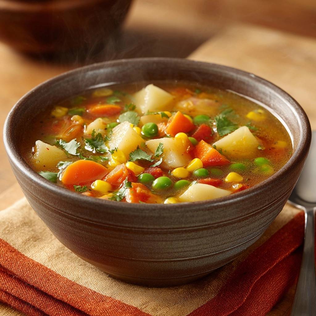 Bunte Gemüsesuppe, serviert in einer rustikalen Schüssel, mit dampfendem Gemüse wie Kartoffeln, Karotten und Erbsen. Der warme Eintopf ist perfekt für kalte Tage.