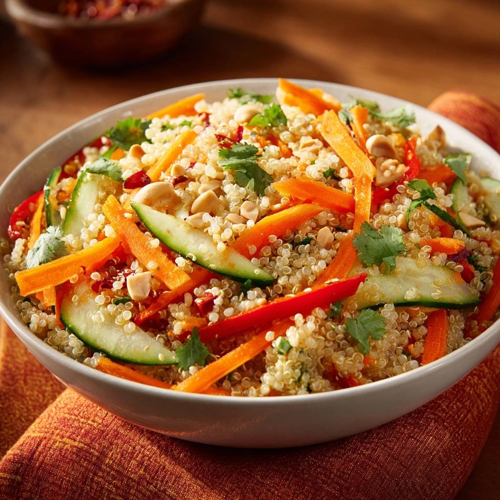 Bunter Quinoa-Gemüsesalat in einer Schüssel aus der Vogelperspektive, angerichtet mit frischen Zutaten und Erdnüssen. Ein leichtes und schmackhaftes Gericht.