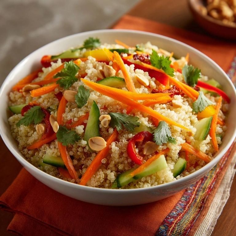 Bunter Quinoa-Gemüsesalat, serviert in einer weißen Schüssel, mit frischem Gemüse und Erdnüssen garniert. Ein leichtes, gesundes Gericht.