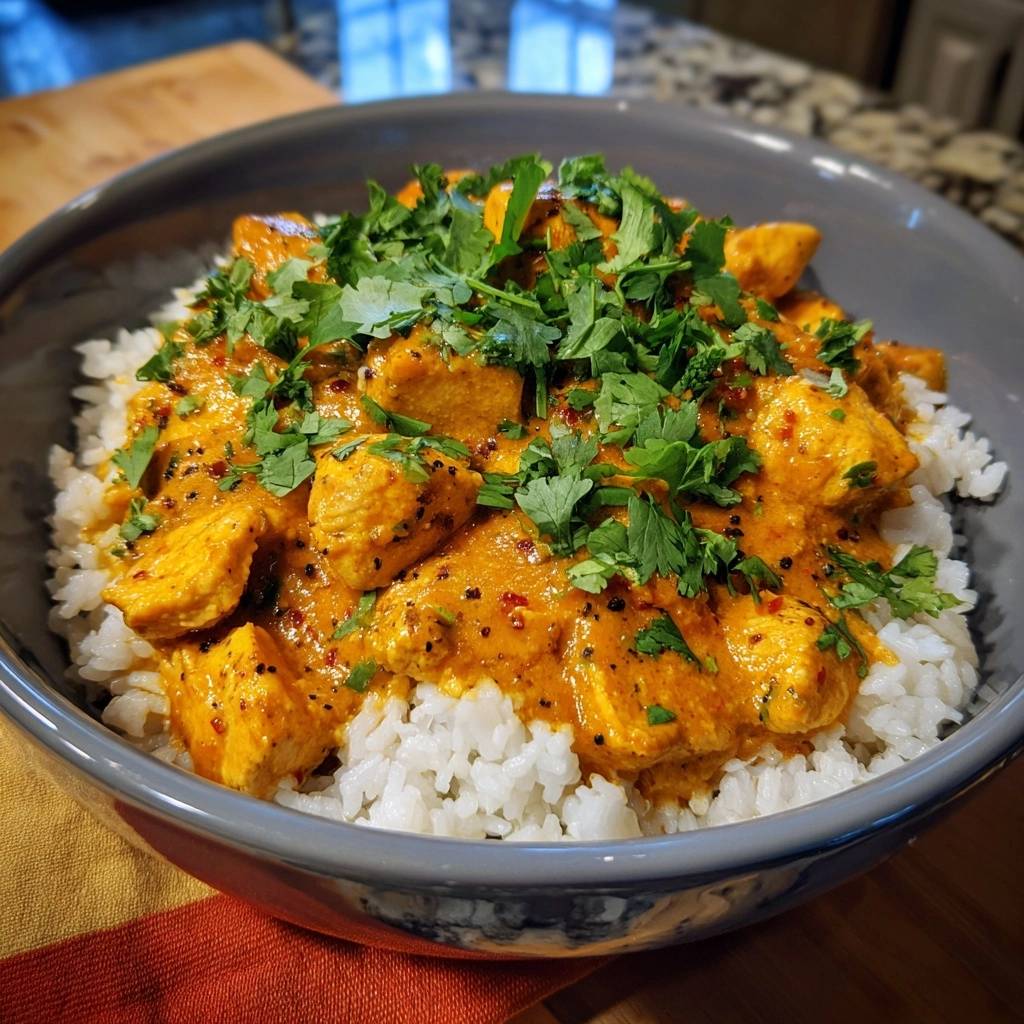 Butter Chicken Mit Basmatireis Draufsicht Serviert 1 Butter Chicken mit Basmatireis in einer Schüssel serviert, garniert mit frischem Koriander, bereit zum Genießen.