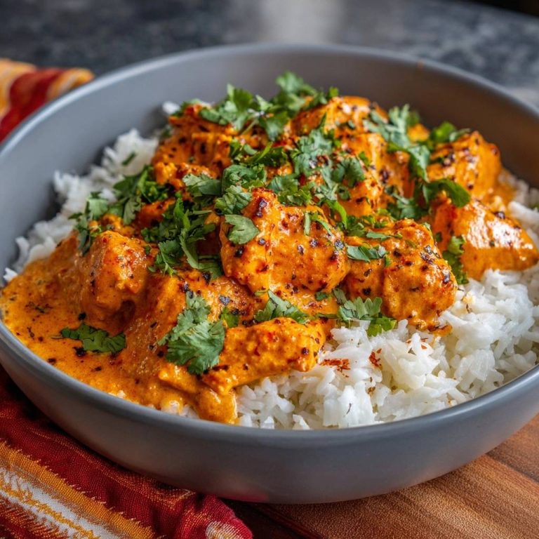 Butter Chicken mit Basmatireis serviert in einer Schüssel, garniert mit frischem Koriander, serviert auf fluffigem Basmatireis.