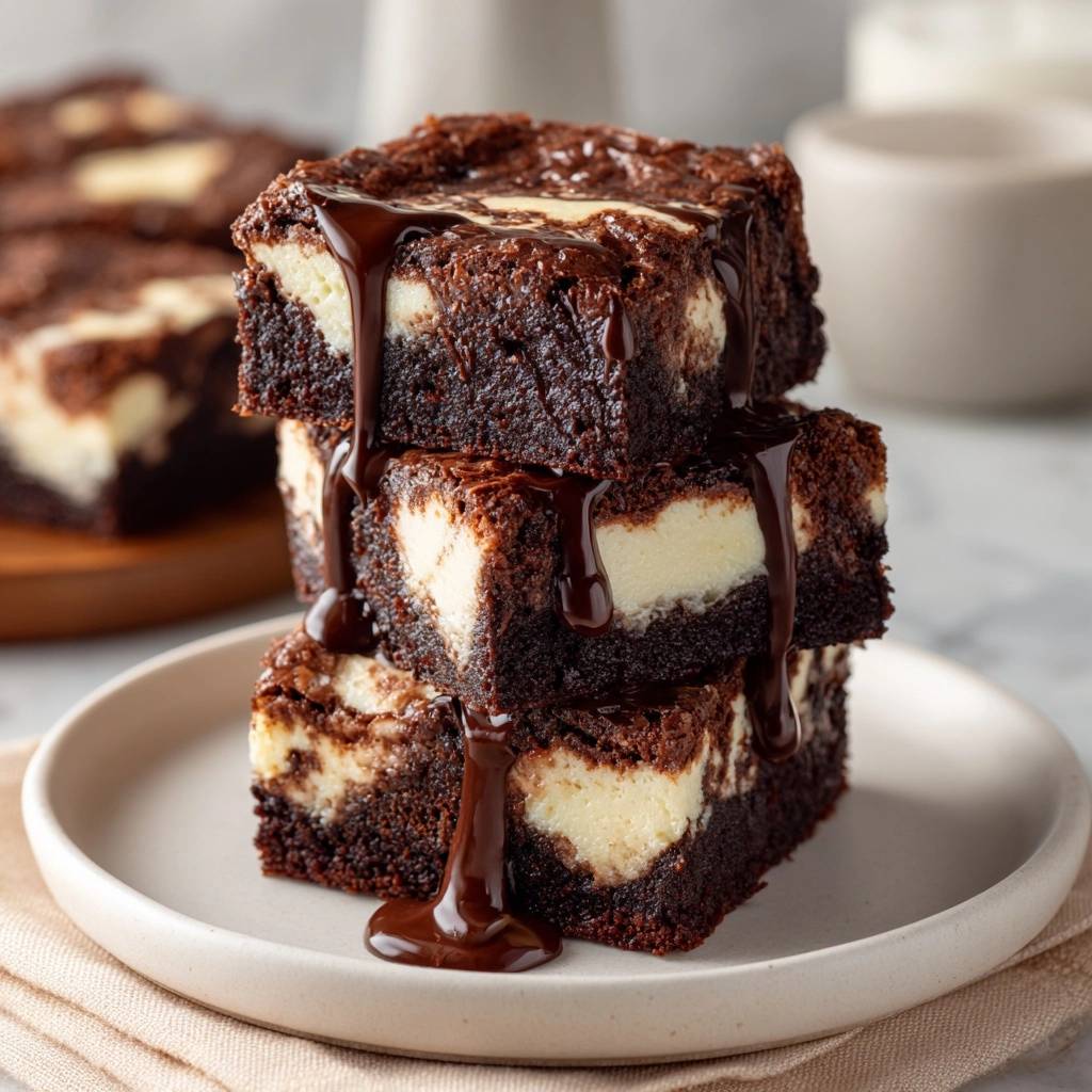 Cheesecake Brownies Gestapelt Mit Schokosauce 1 Cheesecake Brownies, gestapelt auf einem Teller, werden mit fließender Schokosauce wunderschön garniert. Der perfekte Genuss!
