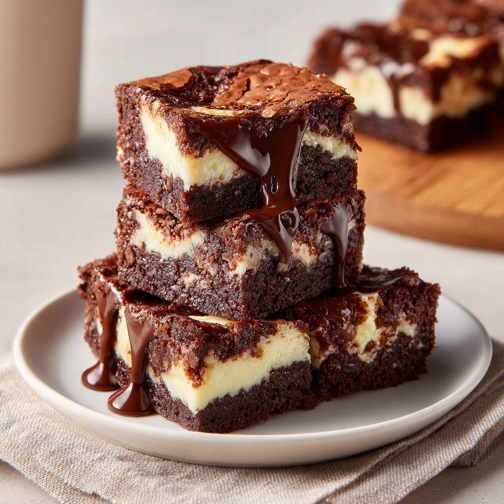 Cheesecake Brownies, serviert in einem Stapel, zeigen einen saftigen Querschnitt und werden mit Schokoladensauce übergossen.