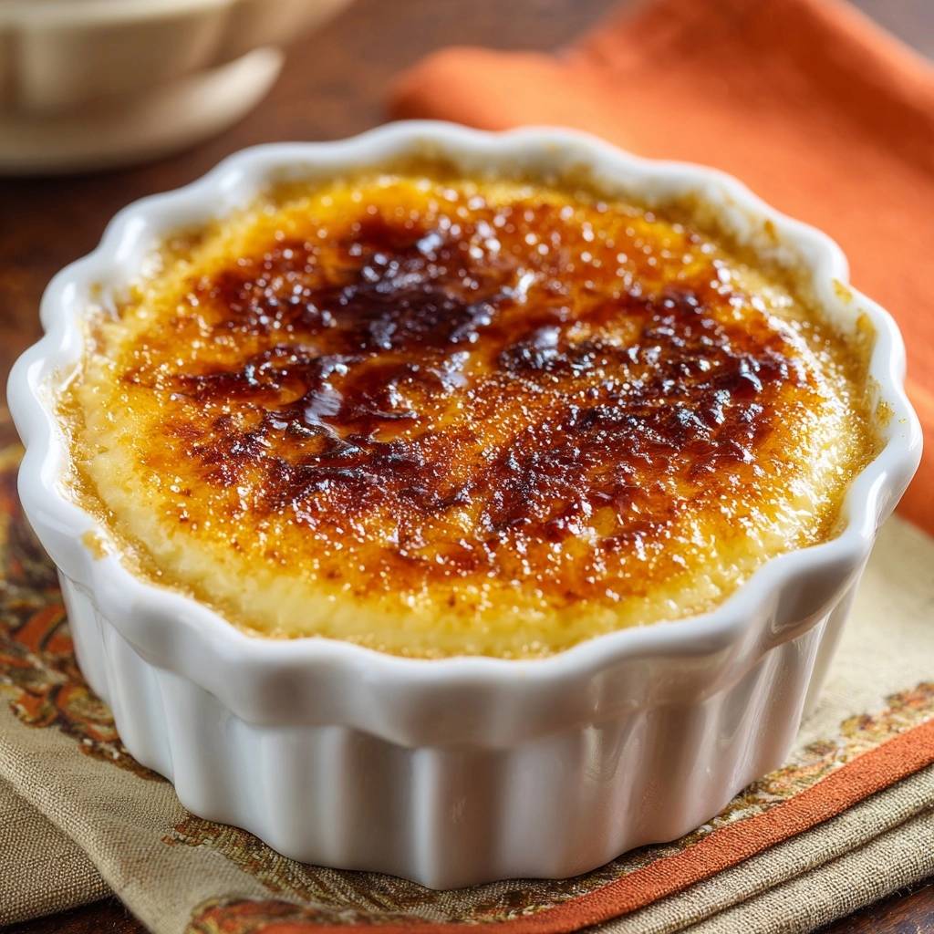 Creme Brulee Knusprige Kruste Nahaufnahme 1 Crème Brûlée mit goldbrauner, knuspriger Kruste in einer weißen Schale, die durch die Karamellisierung des Zuckers entsteht. Dieses Dessert ist perfekt.