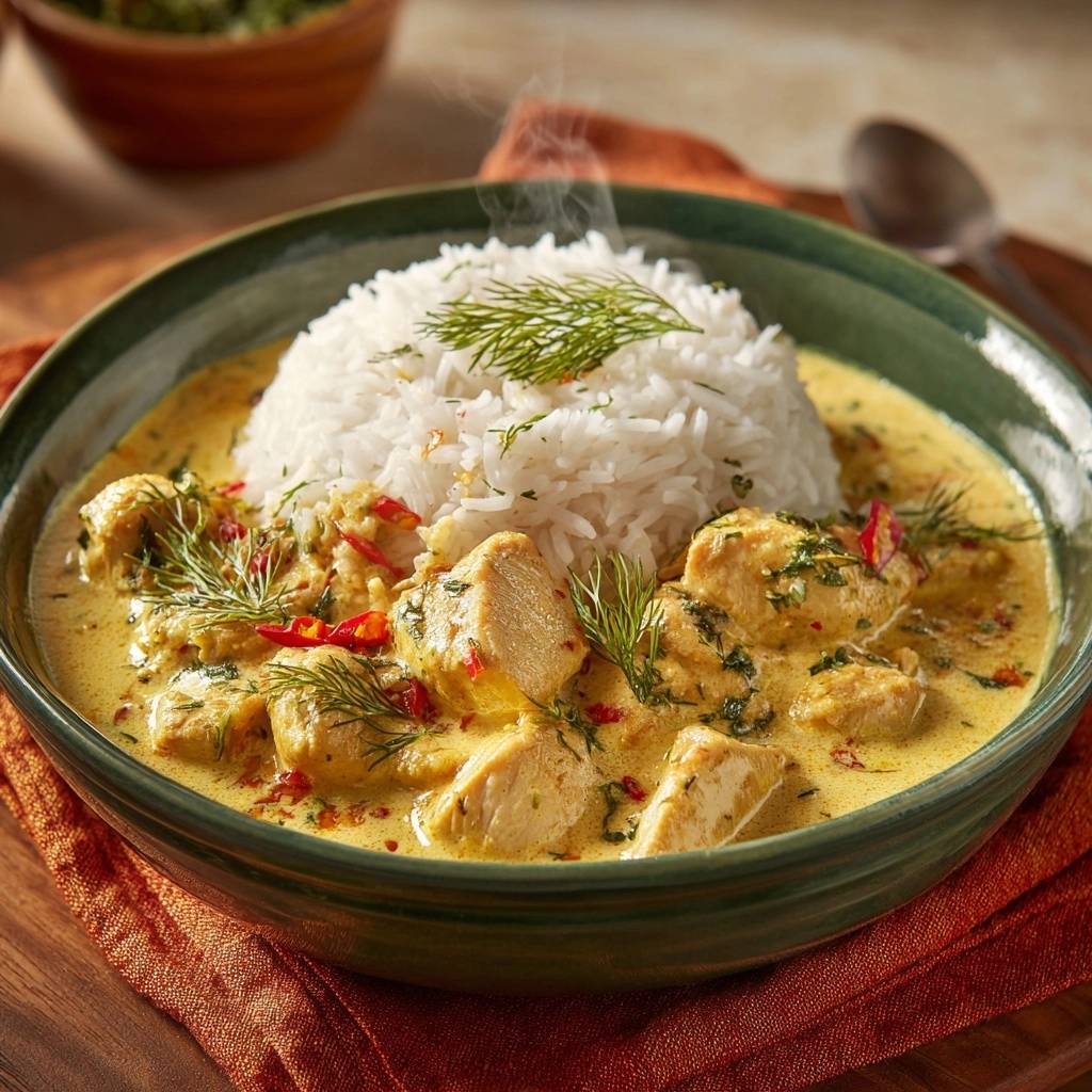 Cremiges Dill-Hühnercurry serviert in einer tiefen Schüssel mit Reis, garniert mit frischem Dill und Chili-Flocken. Das Curry dampft leicht.