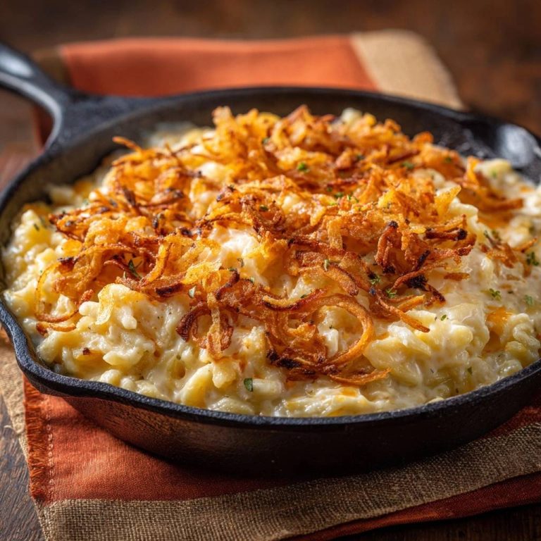Cremiger Kartoffelauflauf mit knusprigen Zwiebeln, detailaufnahme der knusprigen Zwiebelkrone auf dem Auflauf