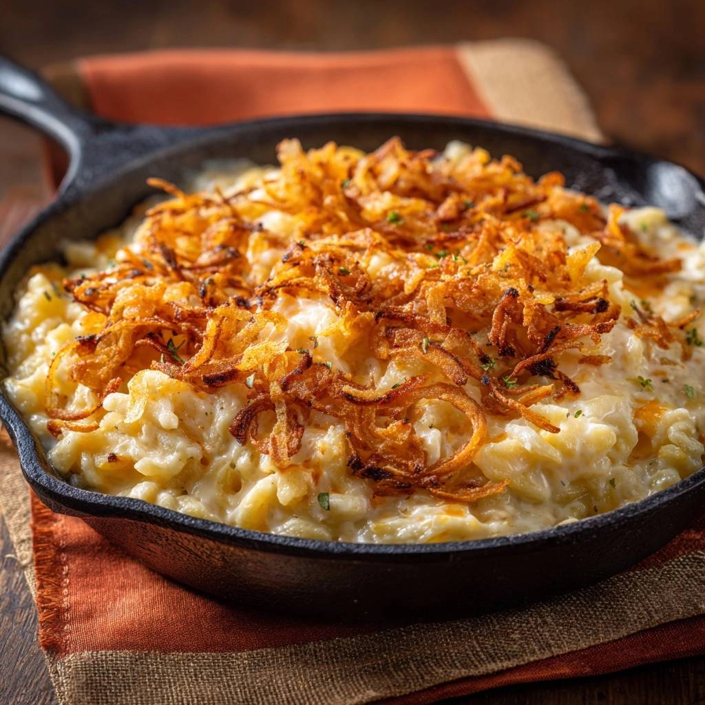 Cremiger Kartoffelauflauf mit knusprigen Zwiebeln, detailaufnahme der knusprigen Zwiebelkrone auf dem Auflauf