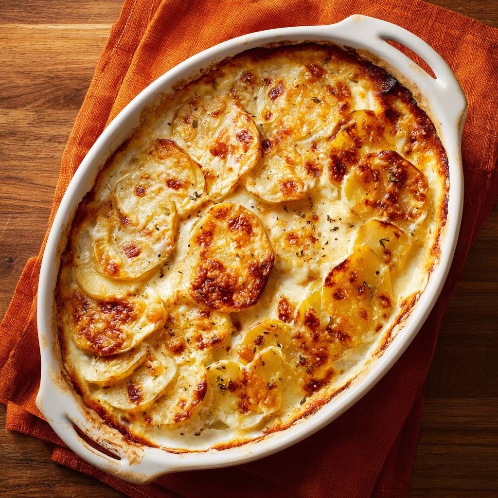 Cremiges Kartoffelgratin in einer Auflaufform, serviert von oben, mit goldbraun gebackenen Kartoffelscheiben. Die cremige Soße umschließt die Kartoffeln.