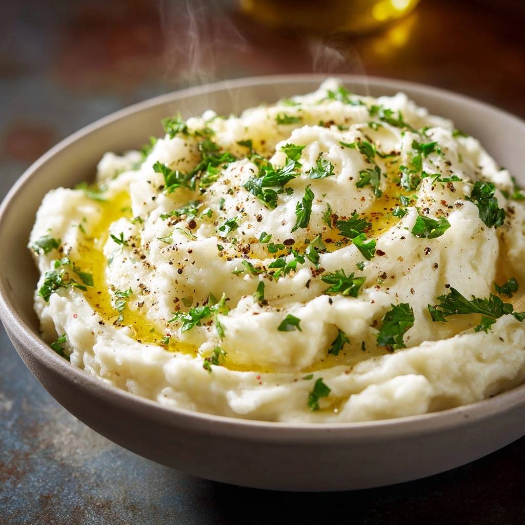 Cremiges Kartoffelpüree mit Olivenöl und Petersilie in Nahaufnahme, reich garniert mit frischer Petersilie und frisch gemahlenem Pfeffer.