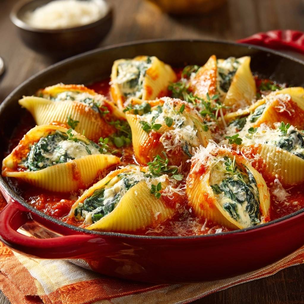 Cremige Spinat-Ricotta-Conchiglioni in Tomatensauce, nahaufnahme der gefüllten Nudelmuscheln mit frischem Thymian und Parmesan.