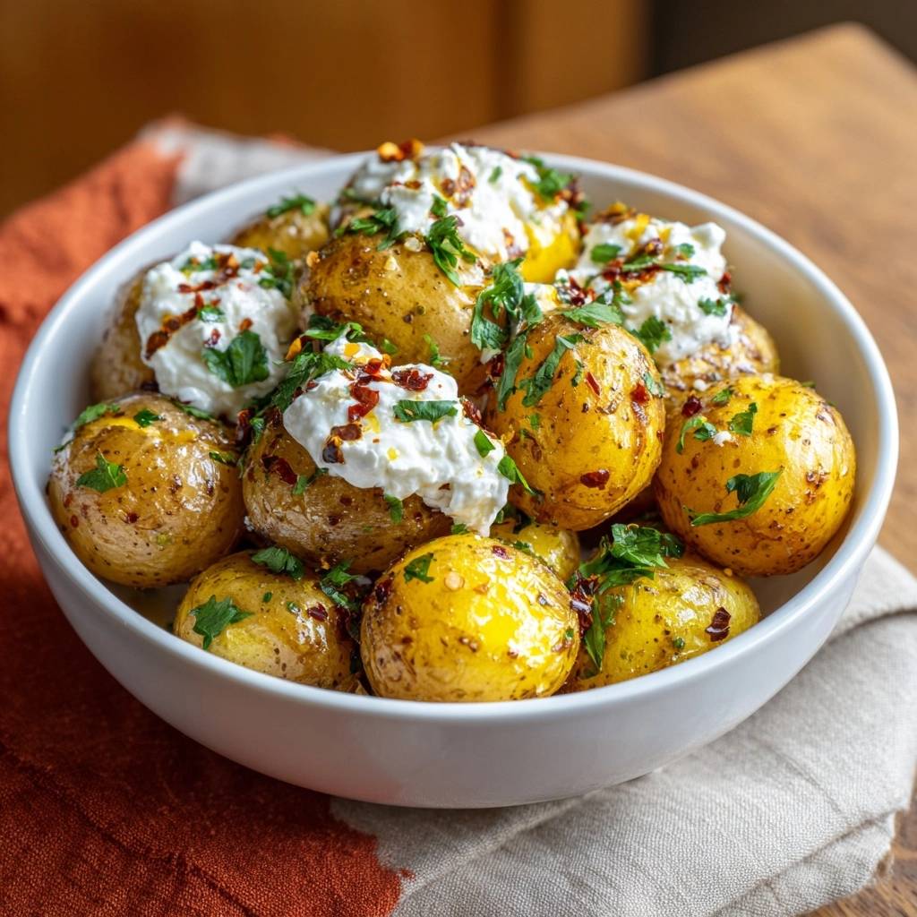 Cremige Babykartoffeln mit Feta und Kräutern, serviert in einer weißen Schüssel, garniert mit frischen Kräutern und roten Chiliflocken.