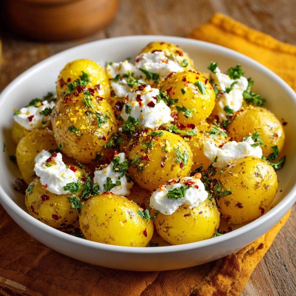 Cremige Babykartoffeln mit Feta und Kräutern in einer weißen Schüssel von oben gesehen, mit frischen Kräutern und Feta garniert.