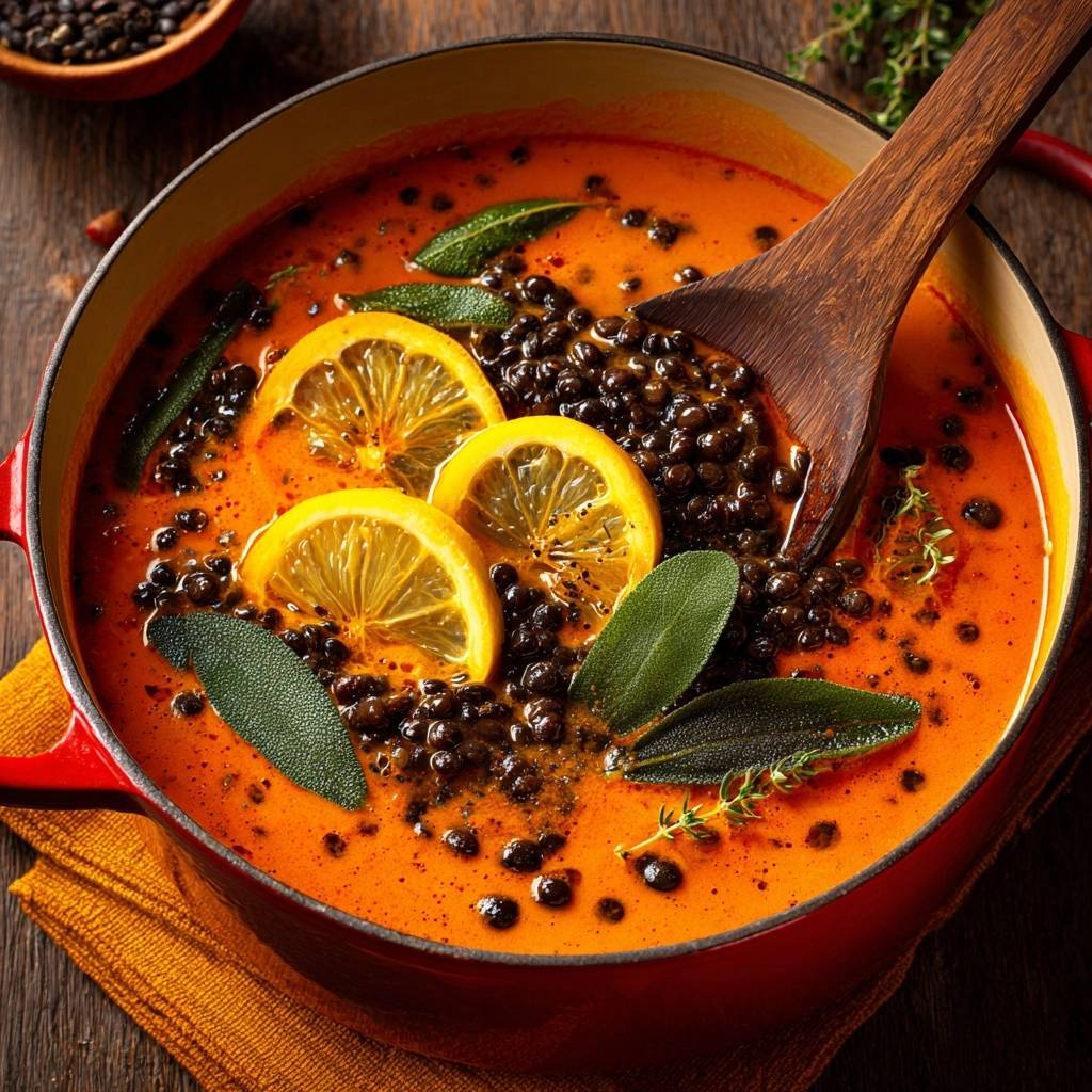 Cremige Beluga-Linsensuppe mit Salbei und Zitrone, serviert in einem roten Topf, mit Zitronenscheiben, Salbeiblättern und einem Holzlöffel.