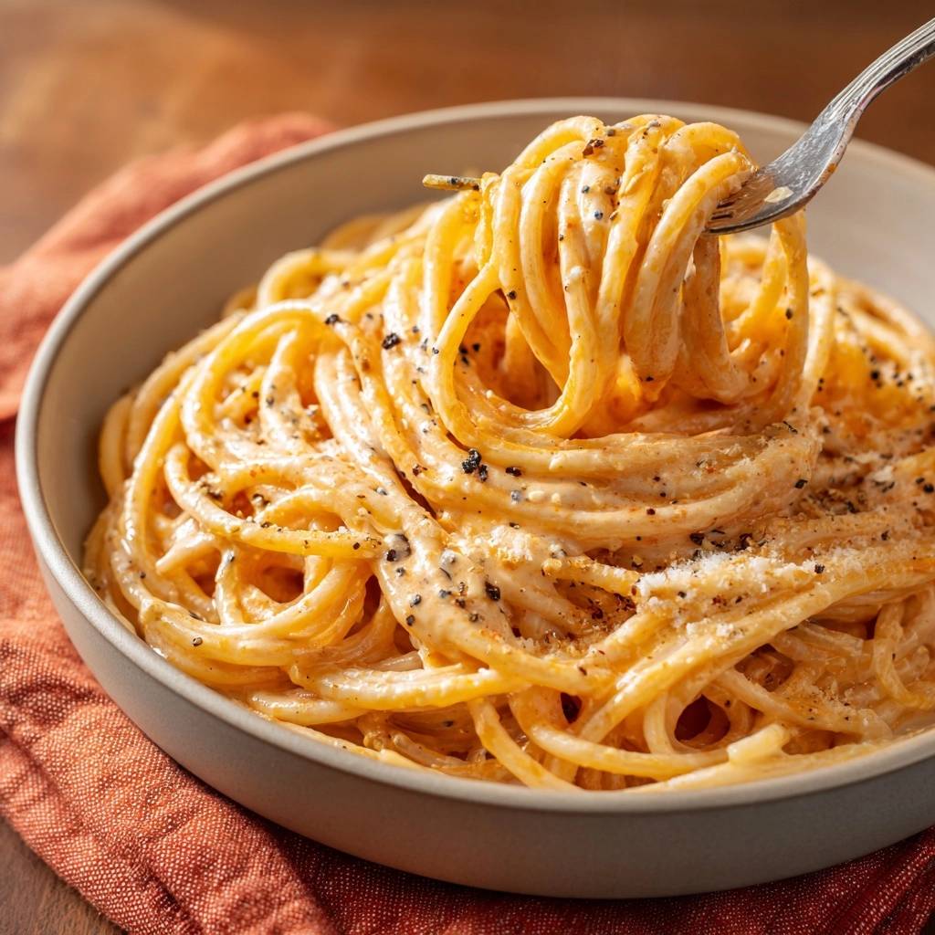 Cremige Cacio e Pepe, serviert in einer Schüssel, mit einer Gabel, die eine Portion aufgerollt hat und bereit zum Genießen ist.