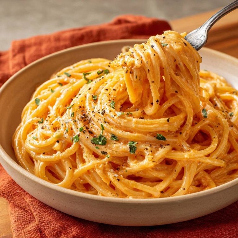 Cremige Cacio e Pepe, serviert in einer Schüssel und von einer Gabel gehoben, ist ein cremiges und köstliches Nudelgericht.