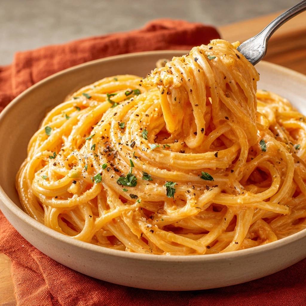 Cremige Cacio e Pepe, serviert in einer Schüssel und von einer Gabel gehoben, ist ein cremiges und köstliches Nudelgericht.