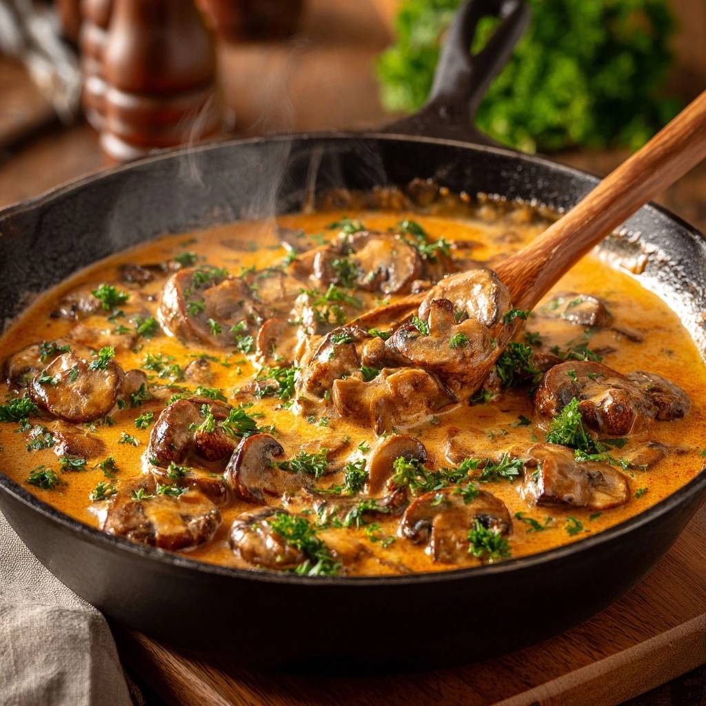 Cremige Champignon Pfanne Detail Lffel 1 Cremige Champignon-Pfanne wird mit einem Holzlöffel aus der Pfanne geschöpft, garniert mit Petersilie.