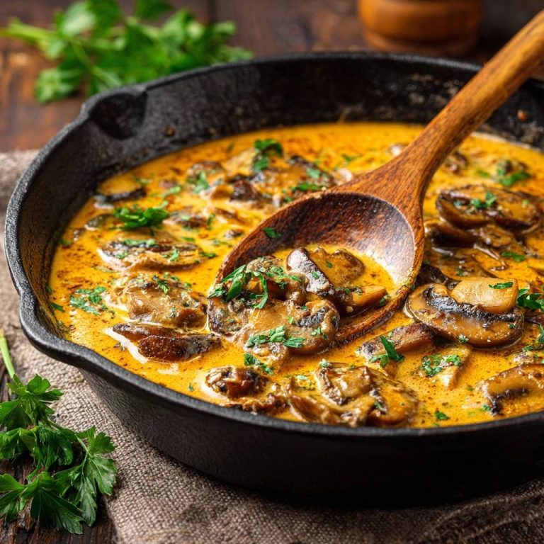 Cremige Champignon-Pfanne mit einem Holzkochlöffel darin, garniert mit frischer Petersilie.