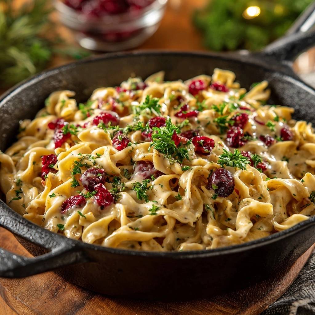 Cremige Cranberry-Tagliatelle in einer gusseisernen Pfanne, garniert mit frischer Petersilie und Cranberrys, aus der Draufsicht fotografiert.