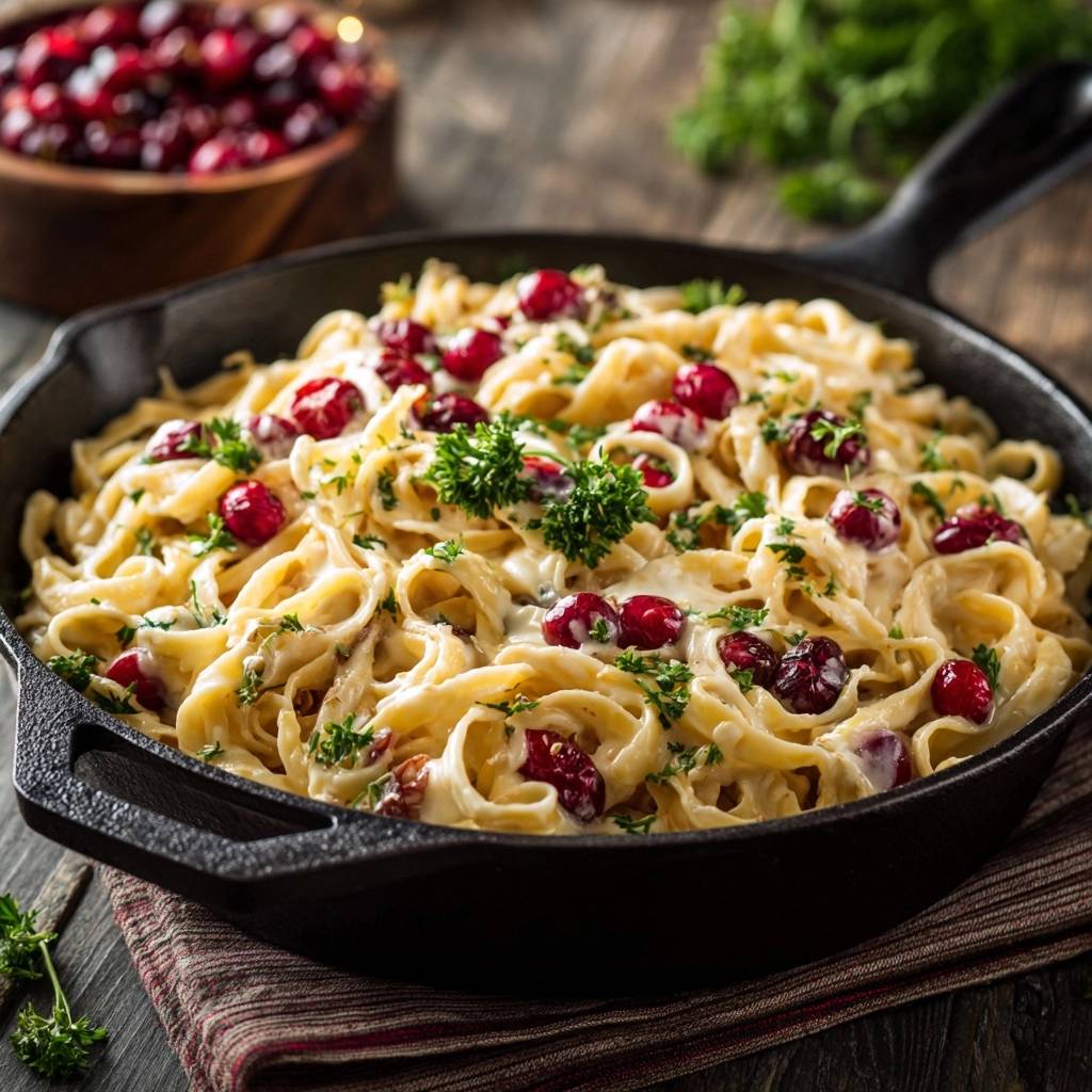 Cremige Cranberry-Tagliatelle in einer gusseisernen Pfanne, garniert mit frischer Petersilie, aus der Draufsicht fotografiert. Eine köstliche Mahlzeit für besondere Anlässe.