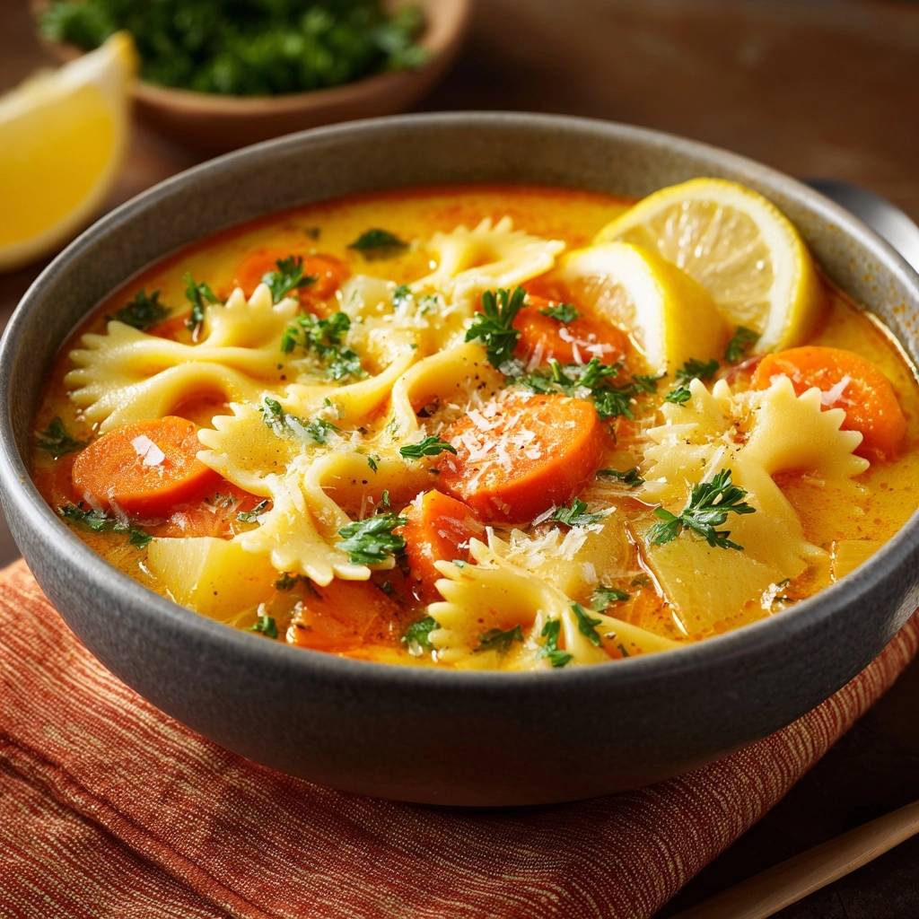 Cremige Farfalle Kartoffel Karottensuppe Serviert 1 Cremige Farfalle-Kartoffel-Karottensuppe serviert in einer dunklen Schüssel, garniert mit frischer Petersilie und Parmesan, mit Zitronenscheiben.