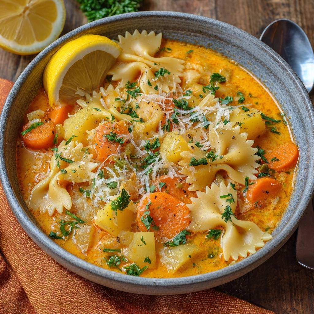 Cremige Farfalle-Kartoffel-Karottensuppe wird hier serviert, mit einer Zitronenscheibe und frischen Kräutern garniert, in einer grauen Schüssel.