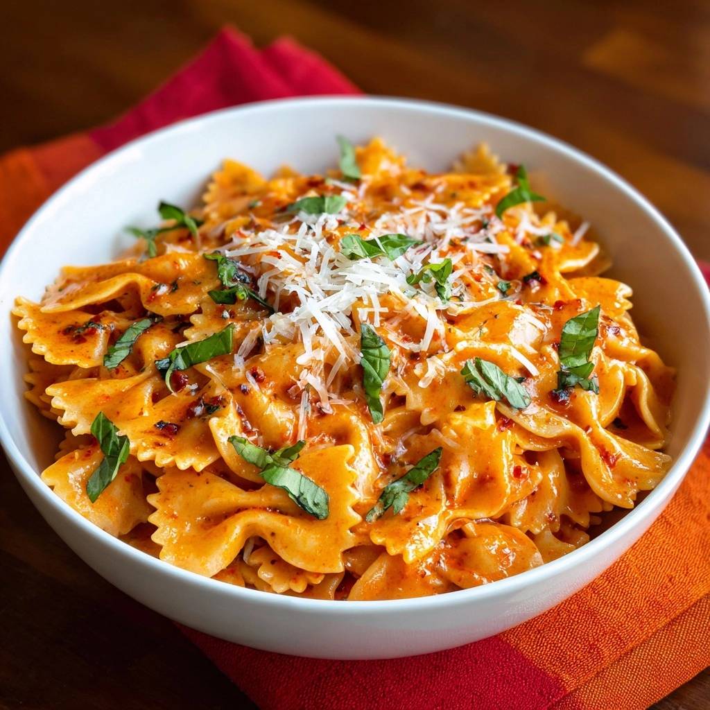 Cremige Farfalle Mit Sonnengetrockneten Tomaten Draufsicht S 1 Cremige Farfalle mit sonnengetrockneten Tomaten in einer weißen Schüssel serviert, garniert mit frischem Basilikum und geriebenem Käse.